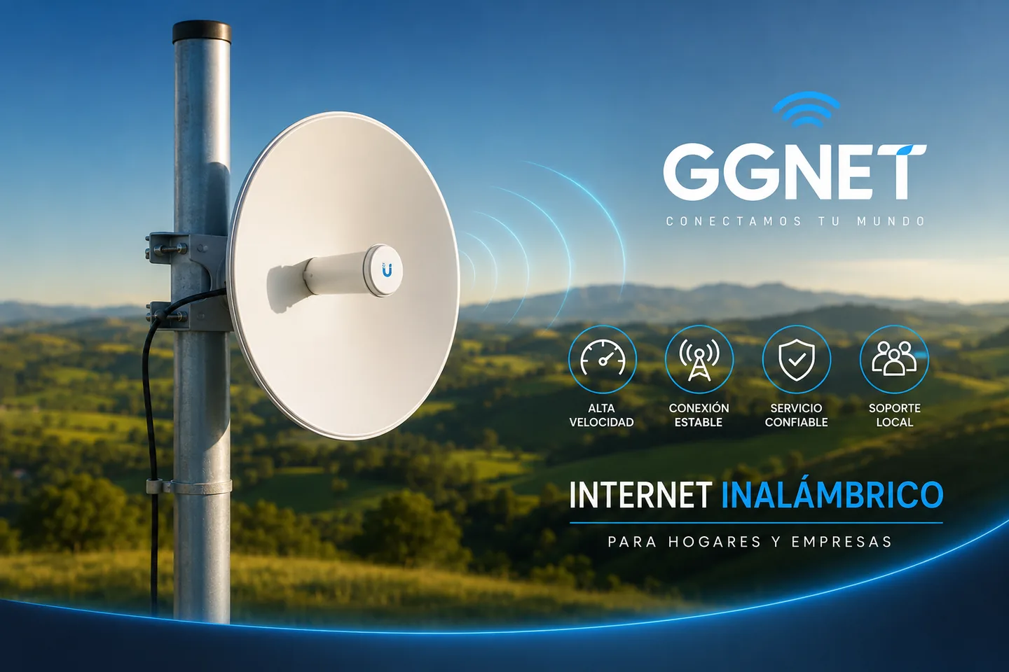 Antena ilustrativa de internet inalámbrico en un entorno rural