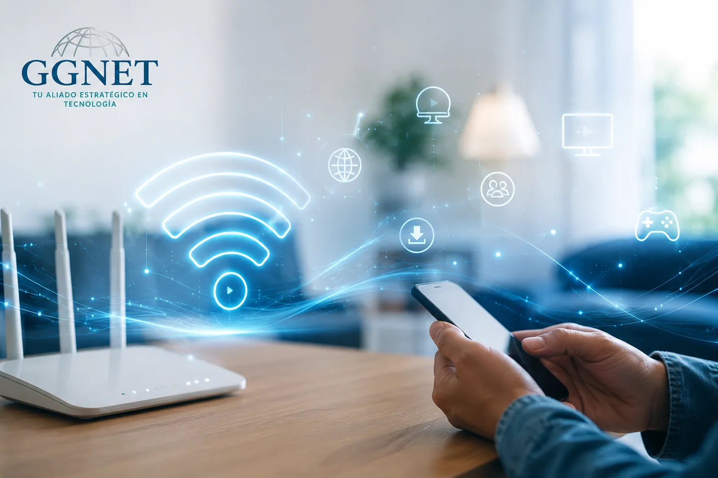 Ilustración de un router y un teléfono conectados en un hogar