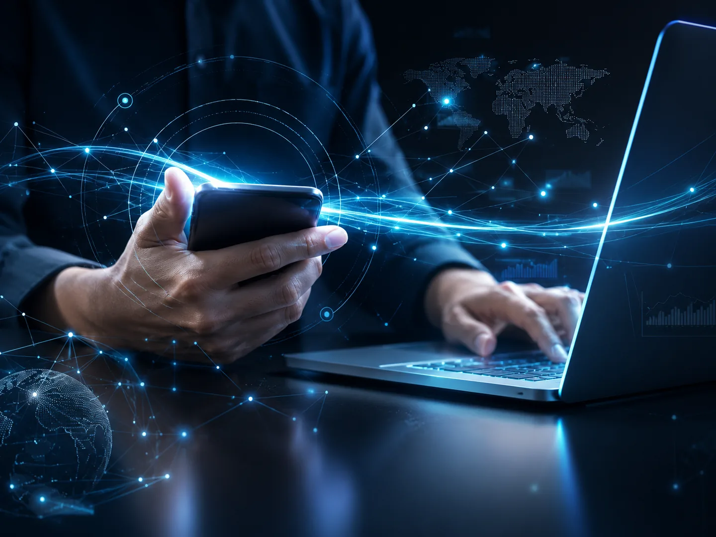 Persona usando un teléfono y una computadora para comunicarse en línea