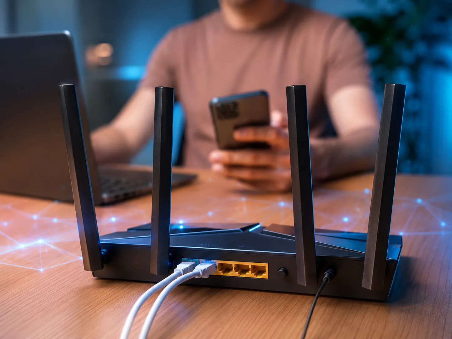 Router doméstico junto a una computadora y un teléfono conectados a internet