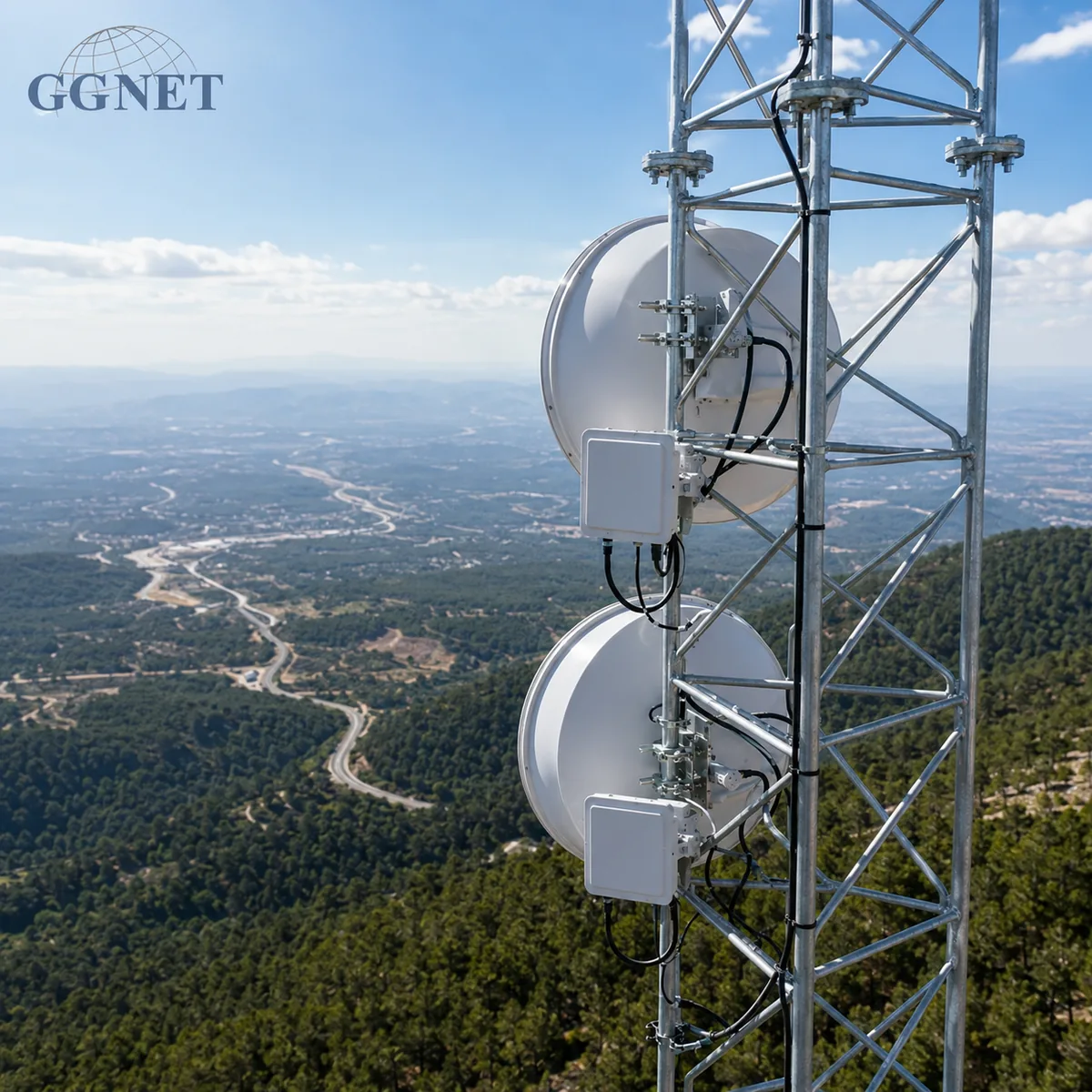 Antenas ilustrativas de conectividad en un entorno montañoso