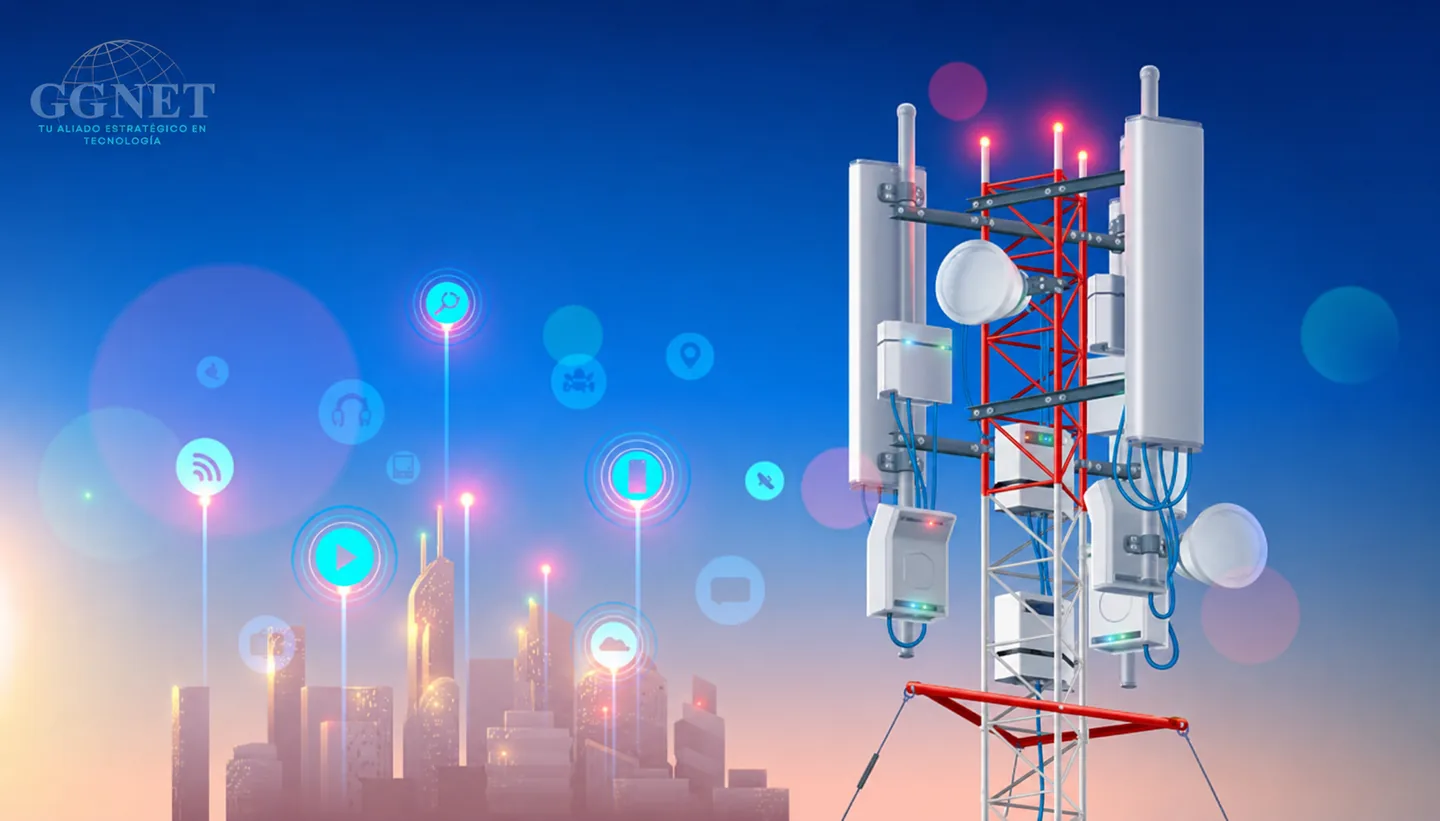 Torre ilustrativa que conecta hogares y dispositivos digitales